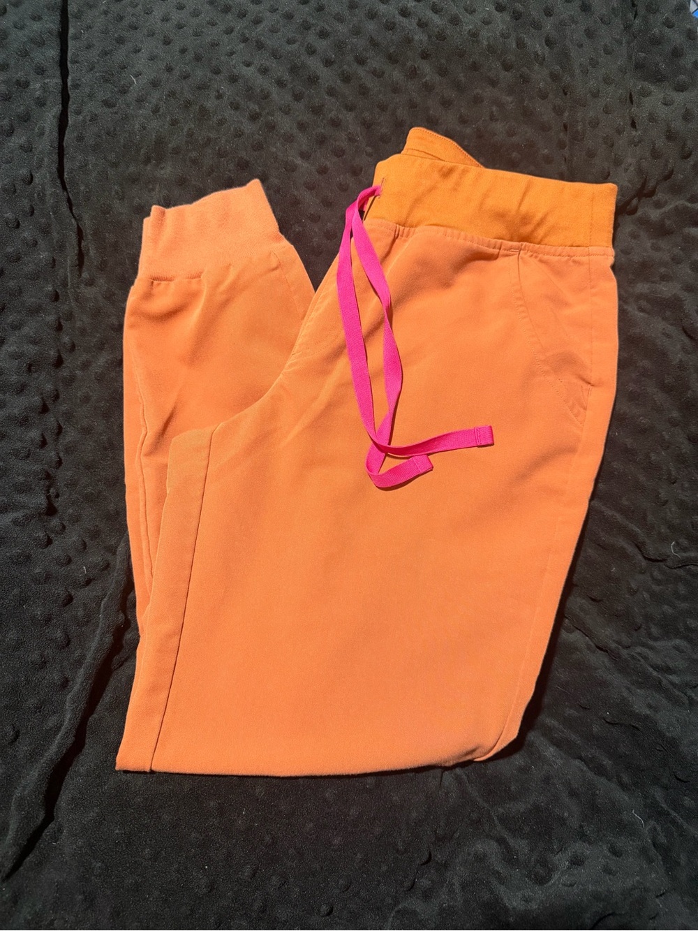 Figs Terracotta/ Rust Orange Jogger Scrubs with Pink Drawstring